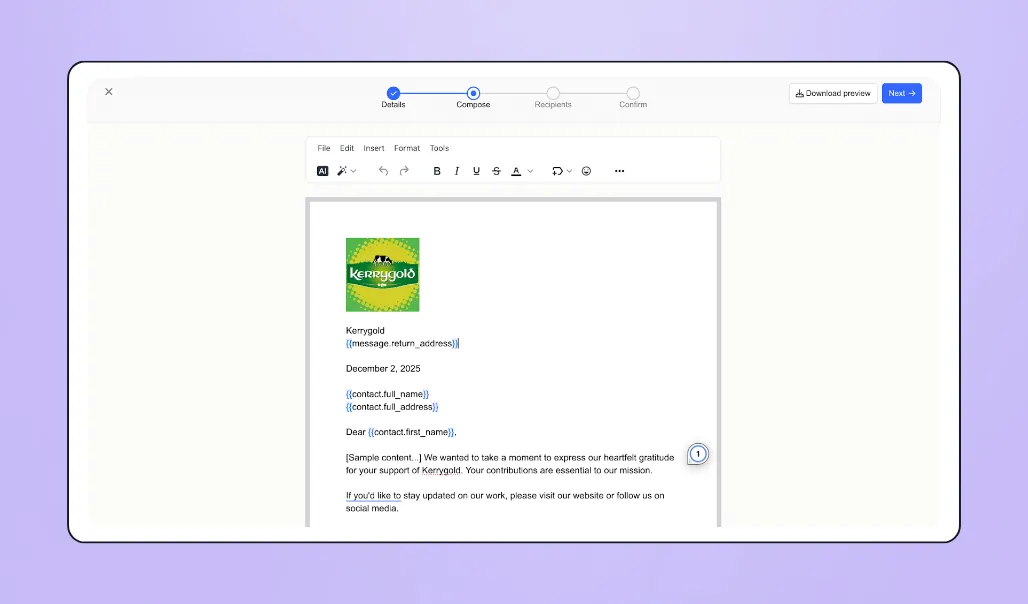 Screenshot of Givebutter's email marketing tool on Givebutter