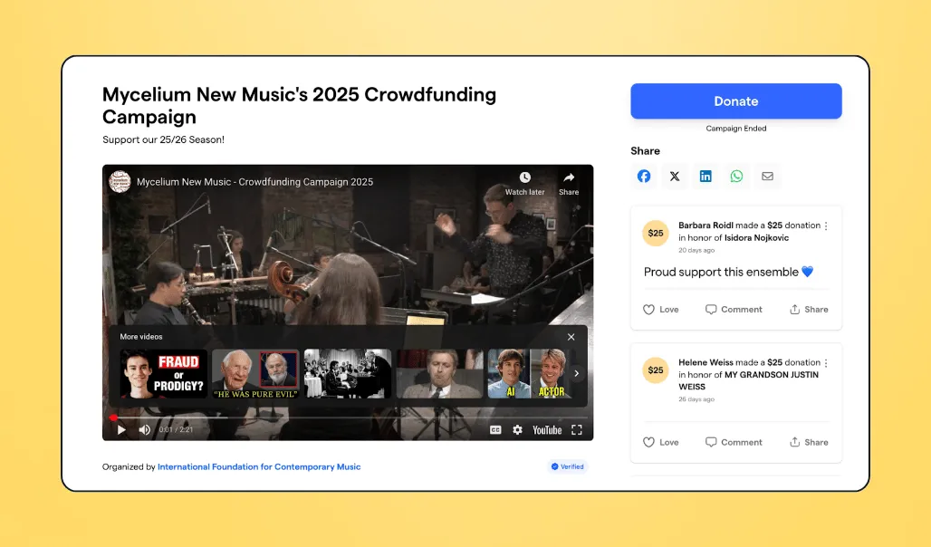 International Foundation of Comtemporary Music's Givebutter campaign page