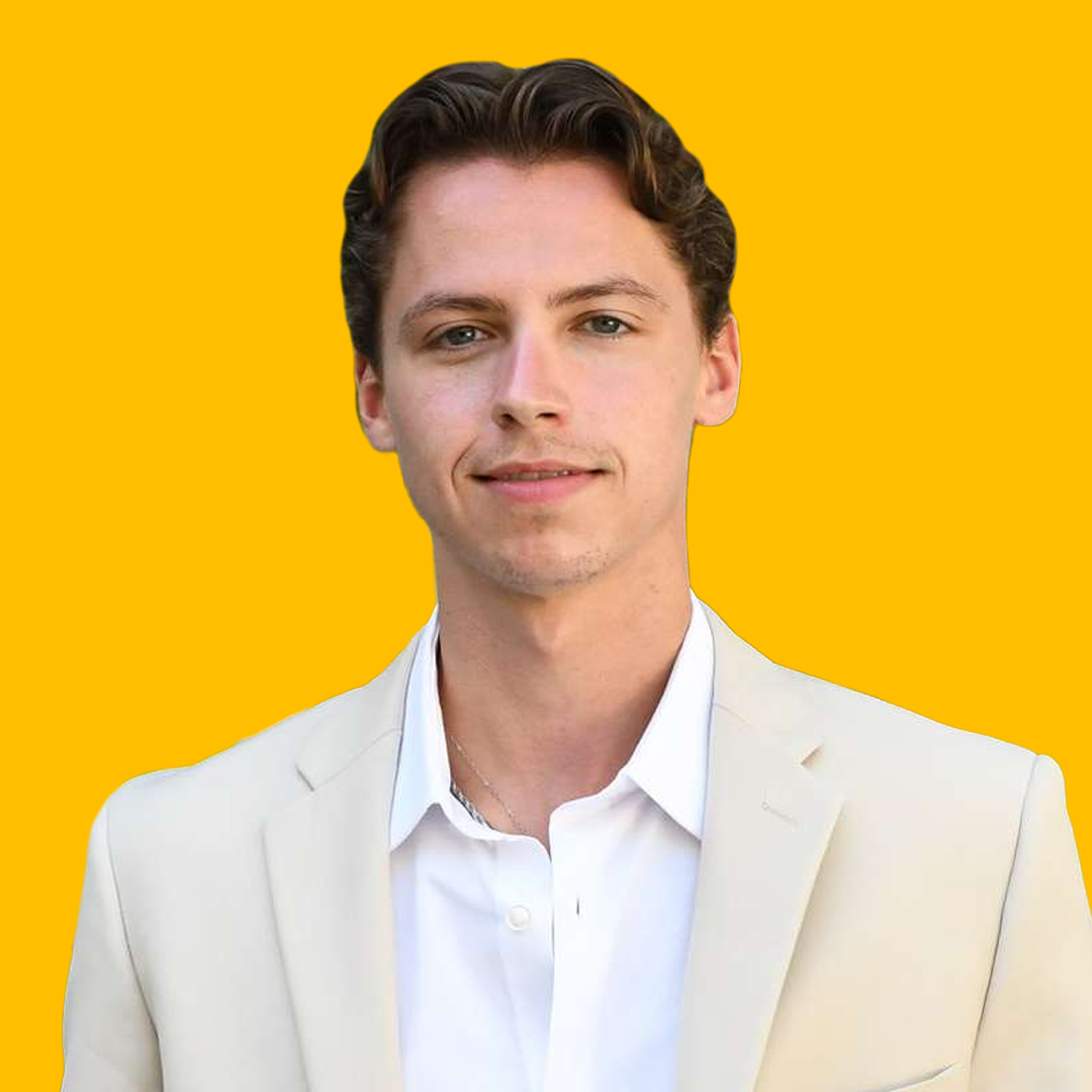 Brent's headshot against a yellow background