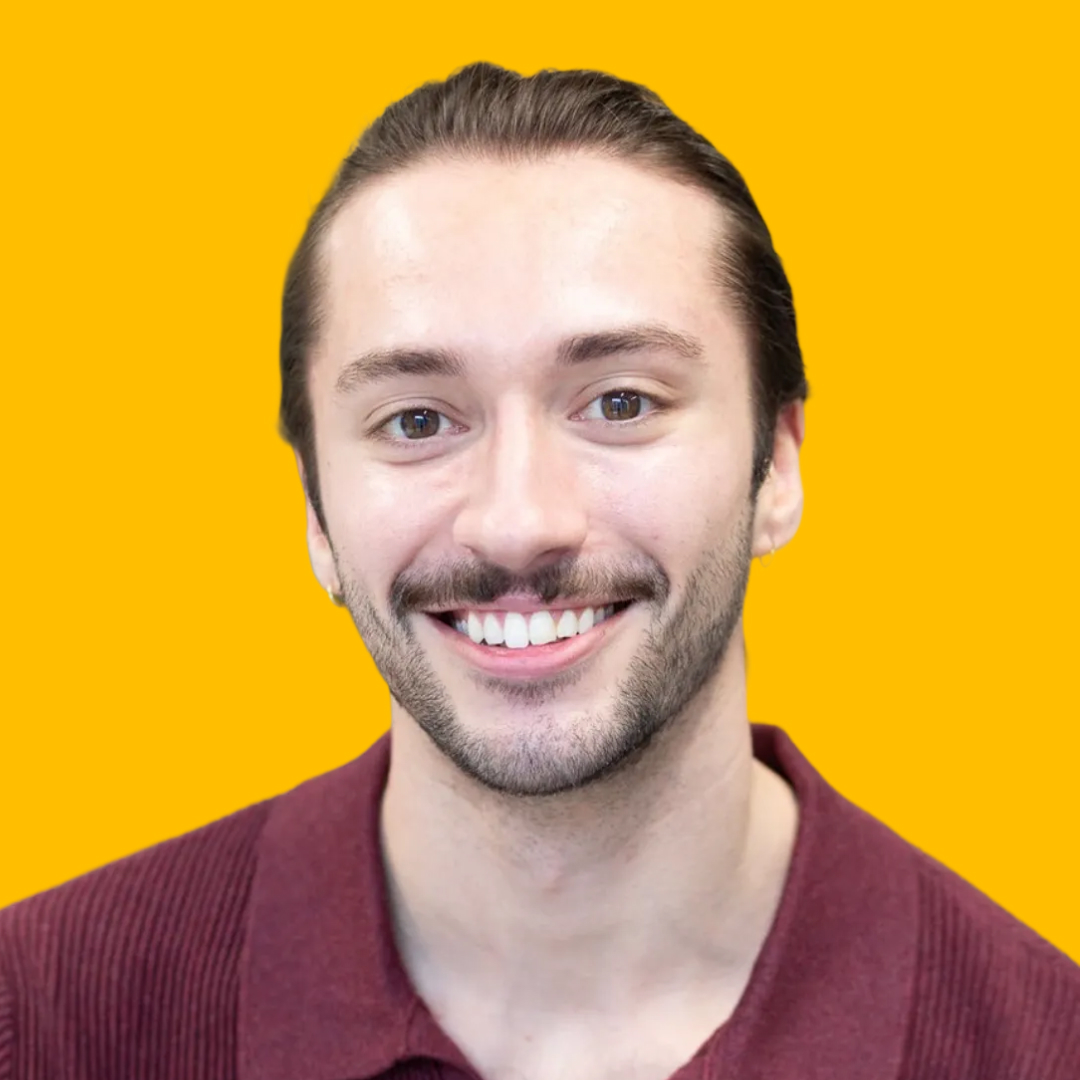 Gabe's headshot against a yellow background