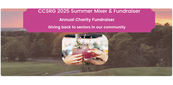 "CCSRG Summer Mixer & Fundraiser" and a group of hands clinking cocktail glasses