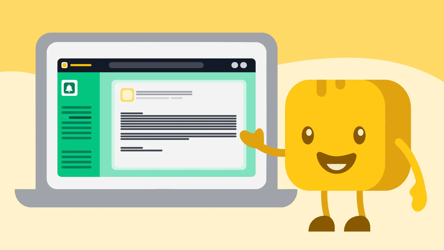 Butter character standing next to laptop with email software on the screen