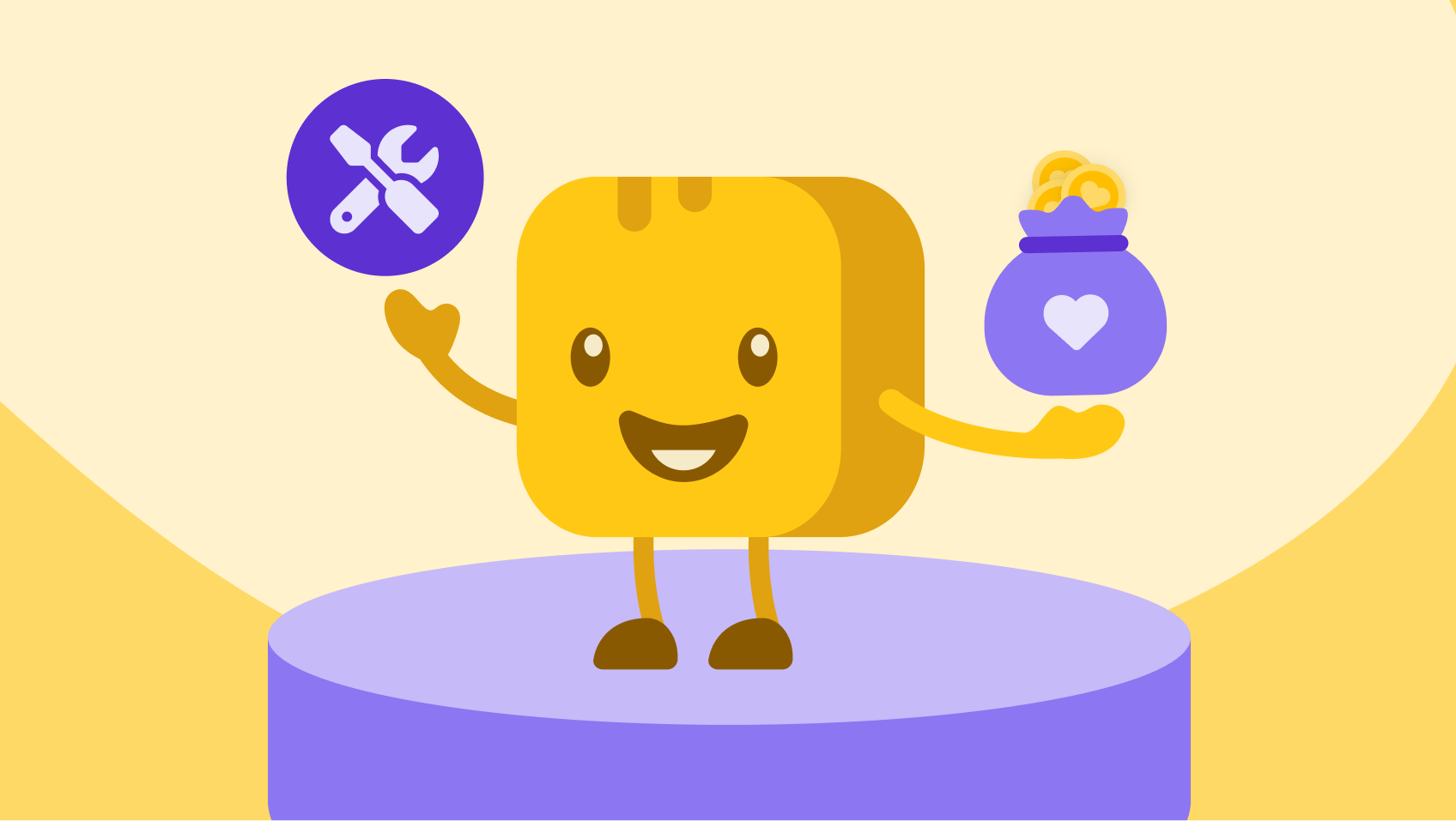 Butter character holding a bag of coins and a tool symbol