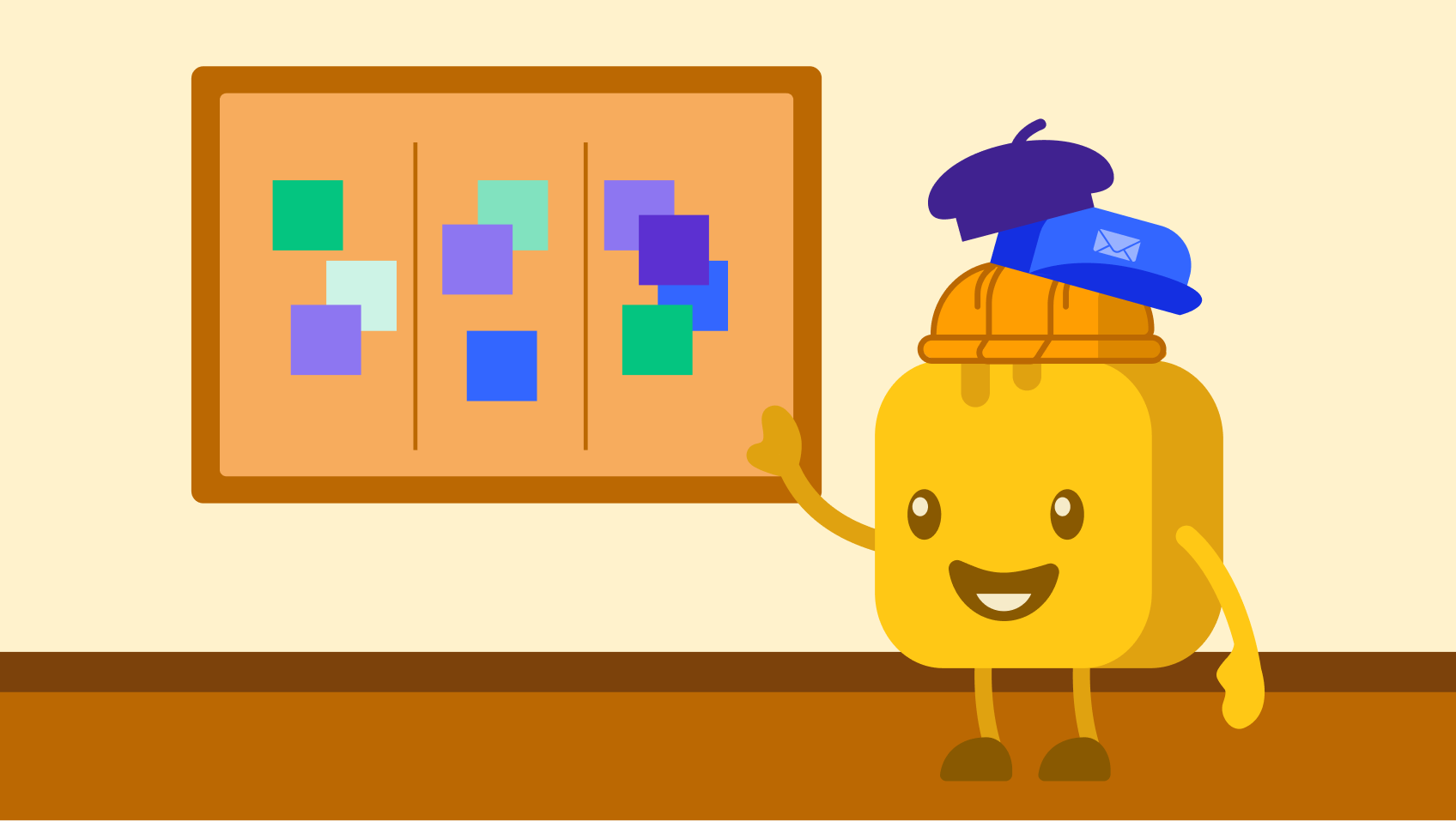 Butter character wearing multiple hats standing next to a bulletin board
