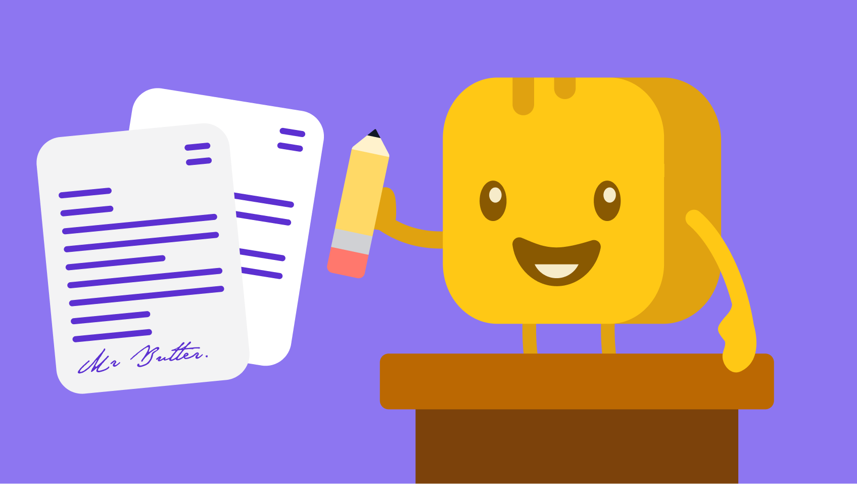 Butter character holding pencil with a donor acknowledgment letter near by