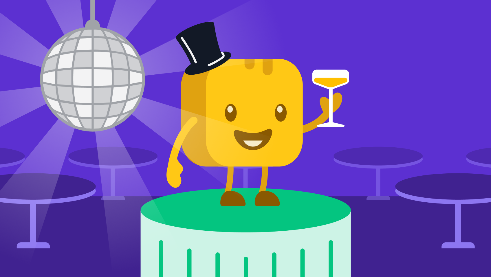 Butter character wearing top hat at a fundraising gala event 