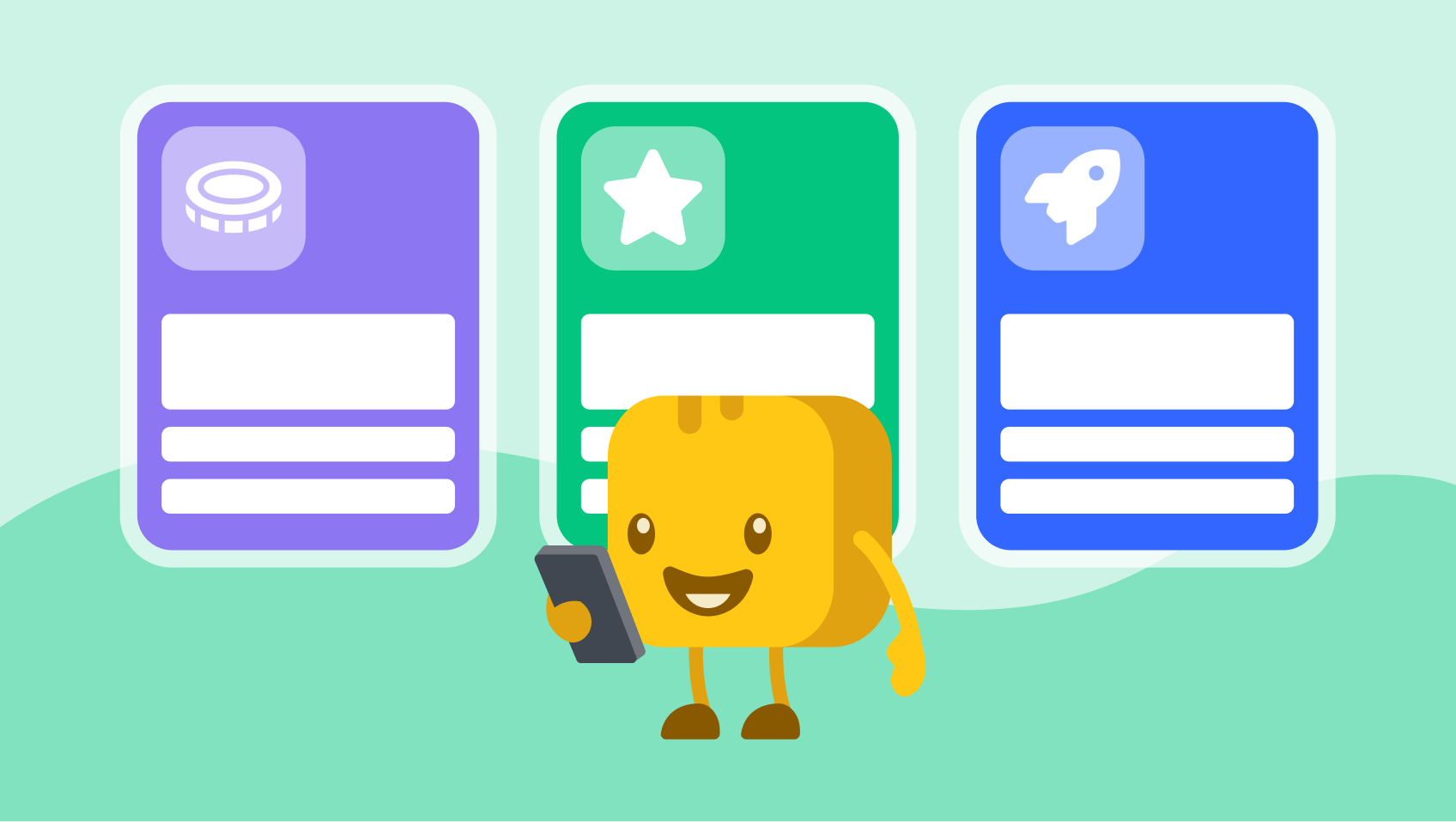 Butter character looking at phone with fundraising pages in the background