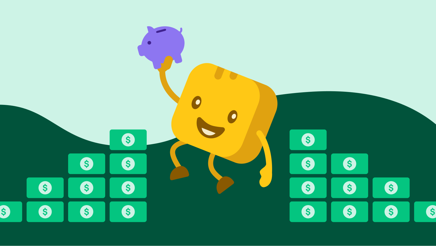 Butter character holding piggy bank with dollar icons on both sides