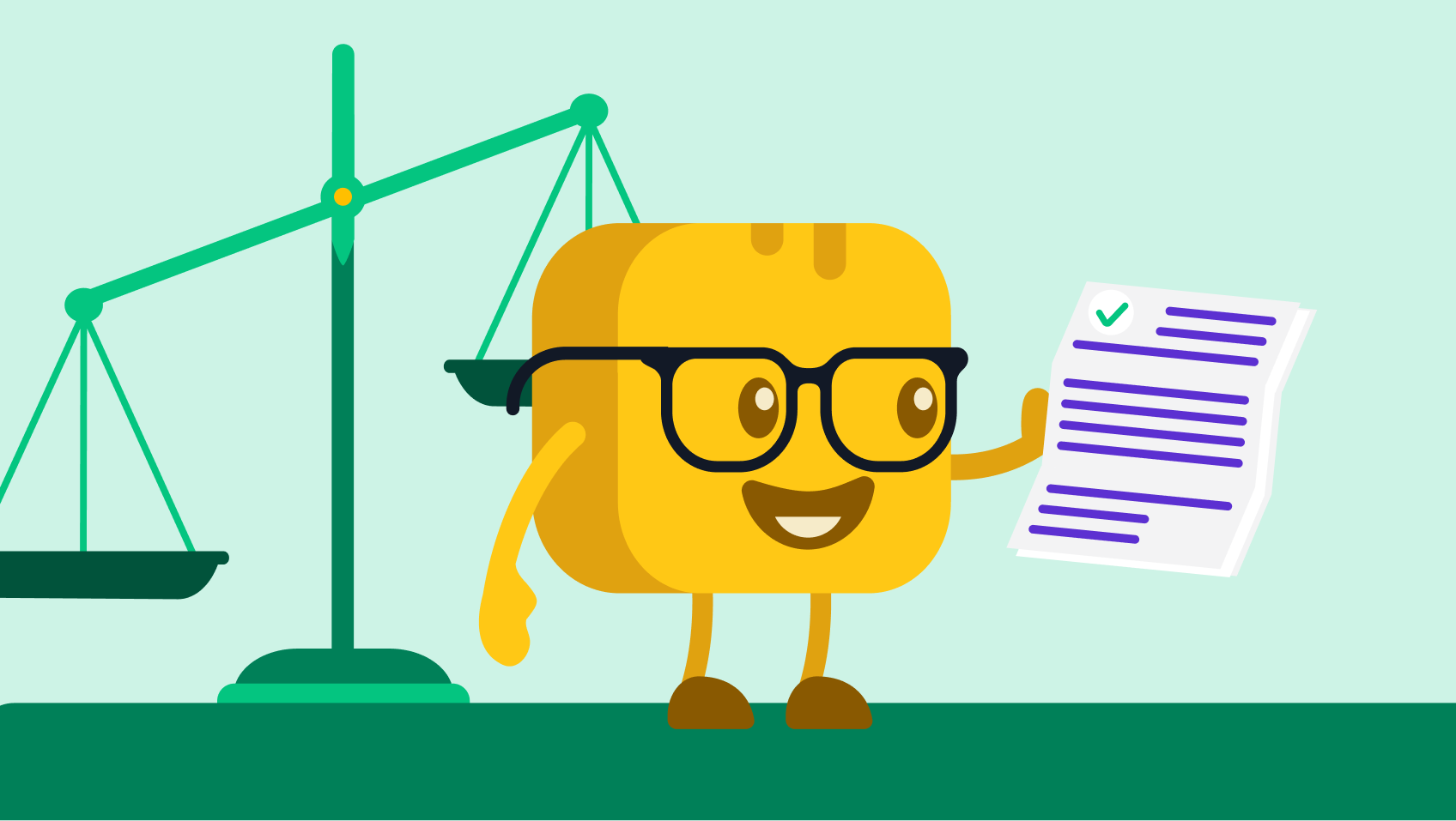 Butter character holding nonprofit bylaws with scale in the background