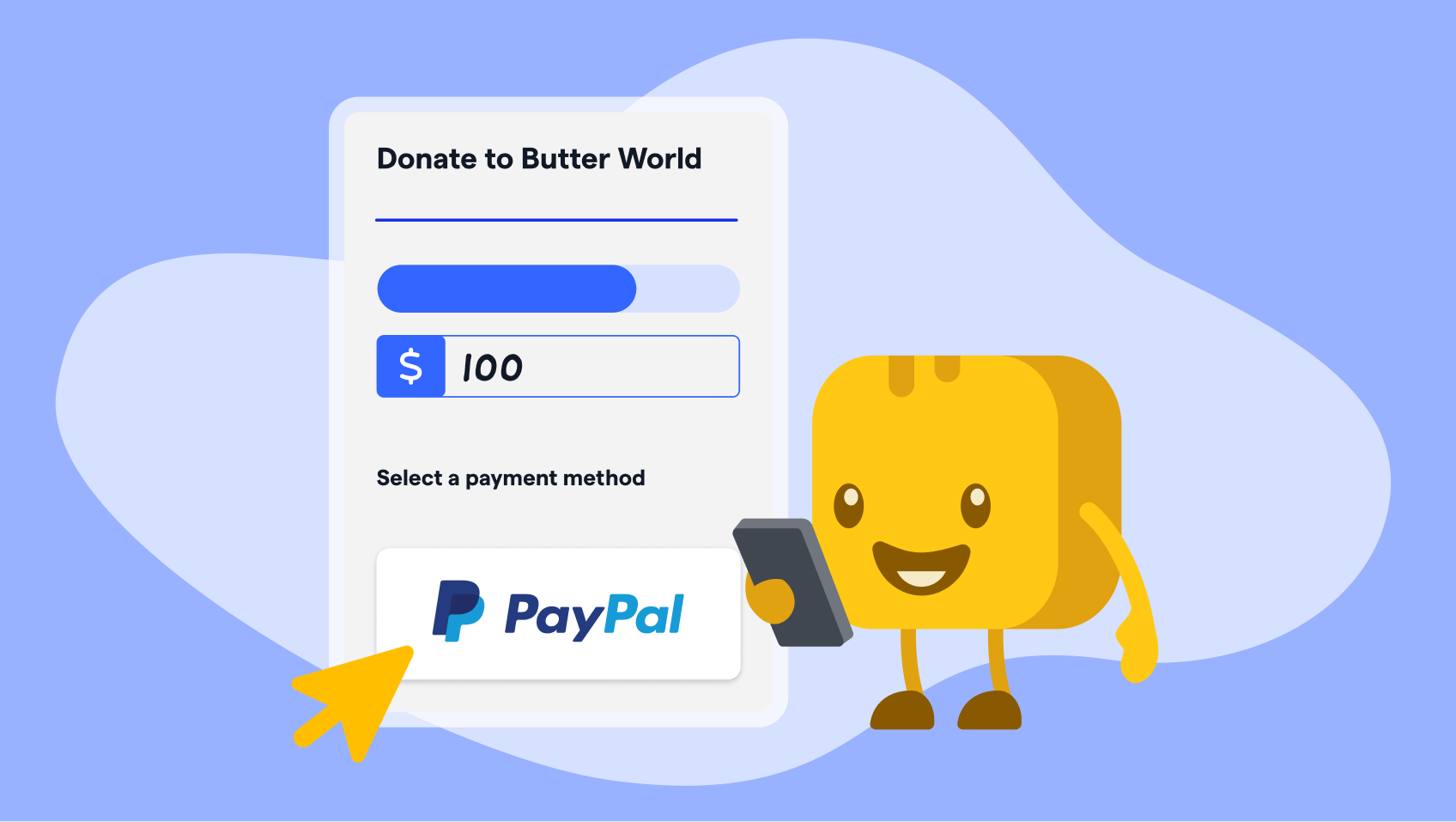 Butter character completing a donation through PayPal