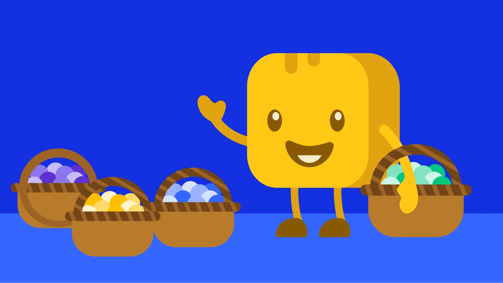Butter character standing next to baskets full of items