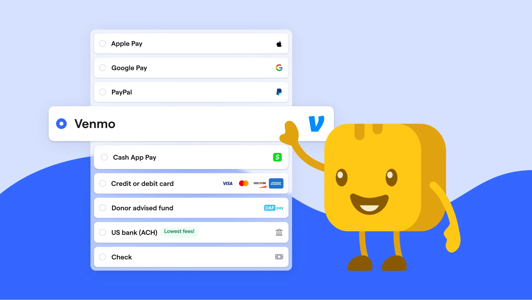 Butter character selecting Venmo at donation checkout