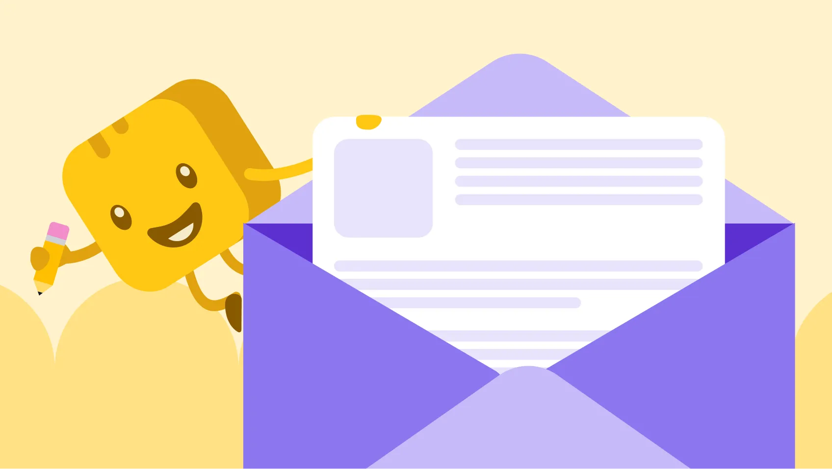 Butter character holding pencil next to letter