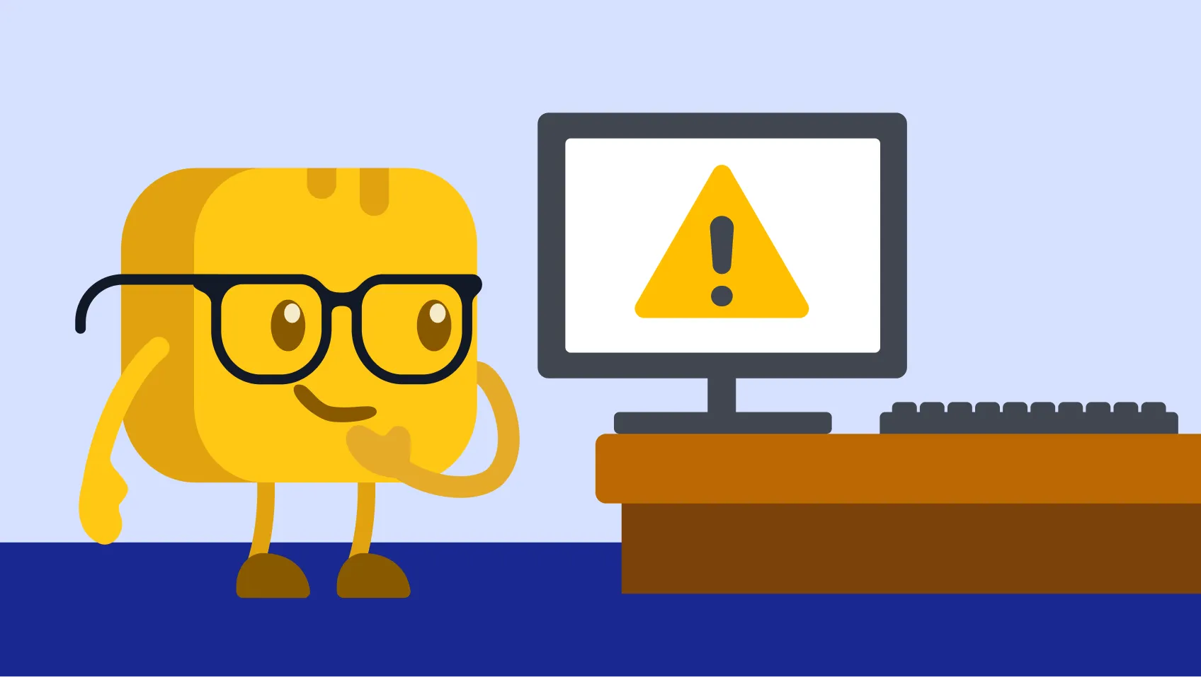 Butter character looking at computer screen with caution symbol