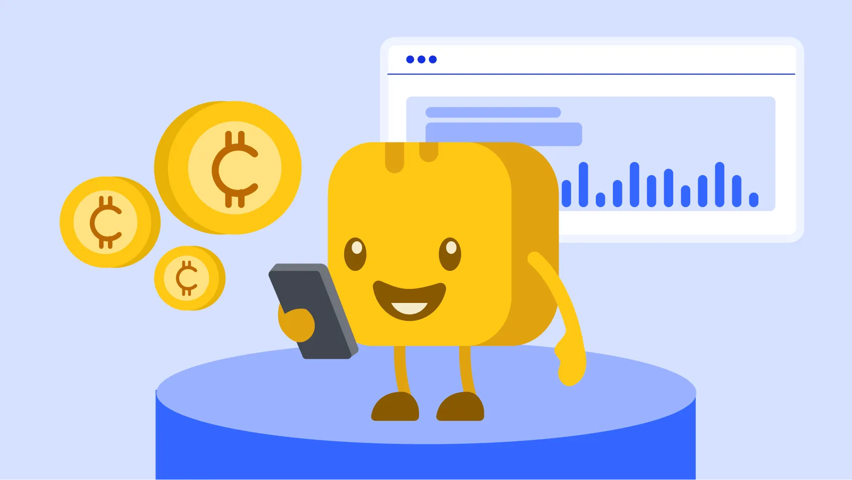 Butter character holding cell phone next to crypto donations