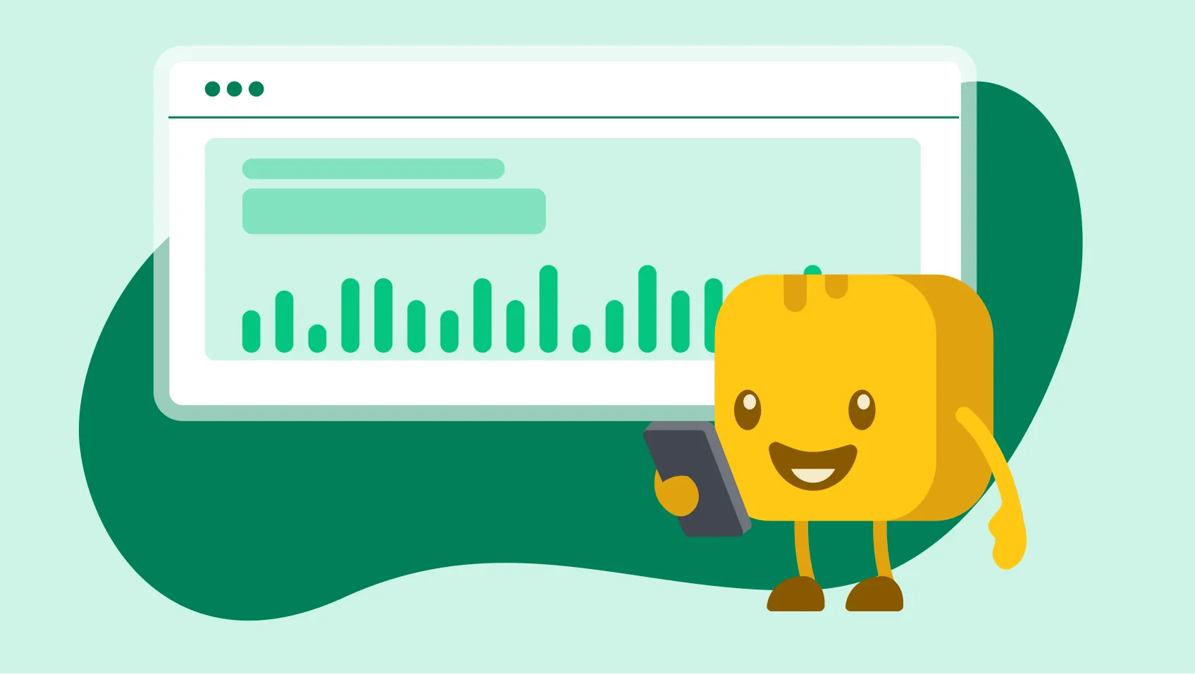 Butter character holding cell phone with analytics in the background