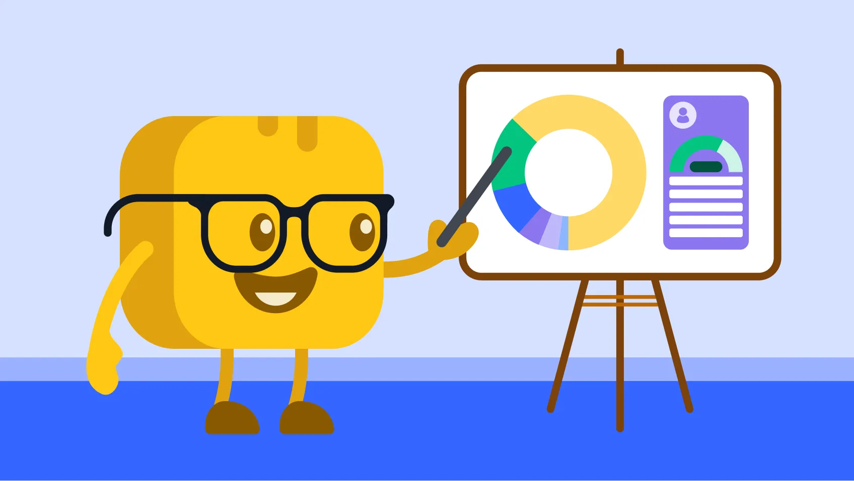 Butter character pointing to chart with pie graphs and icons