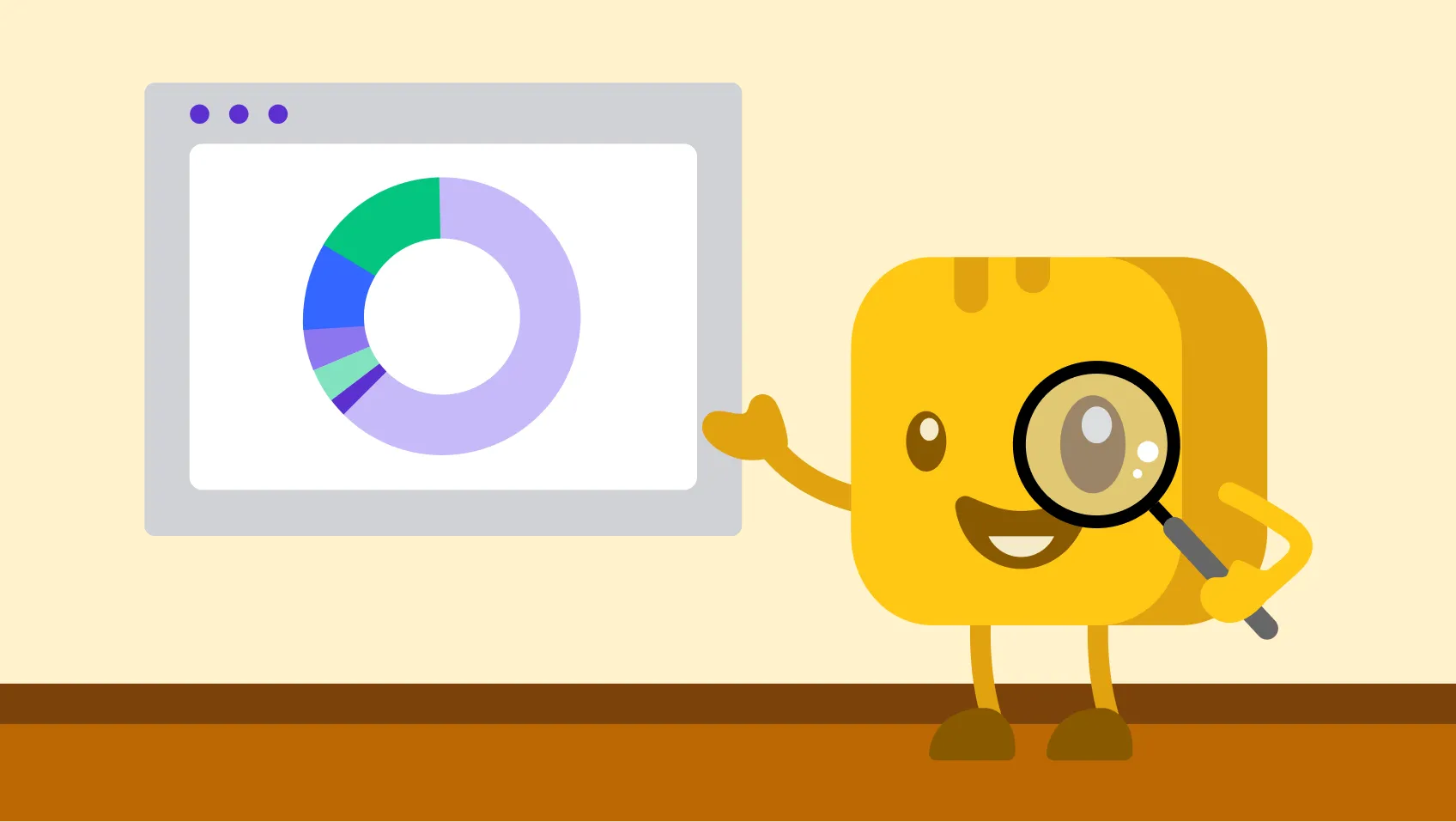 Butter character looking closely at pie chart