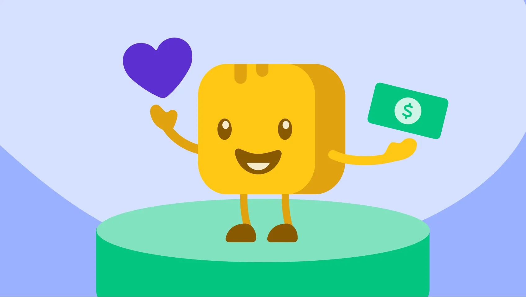 Butter character holding a heart in one hand and a dollar in the other