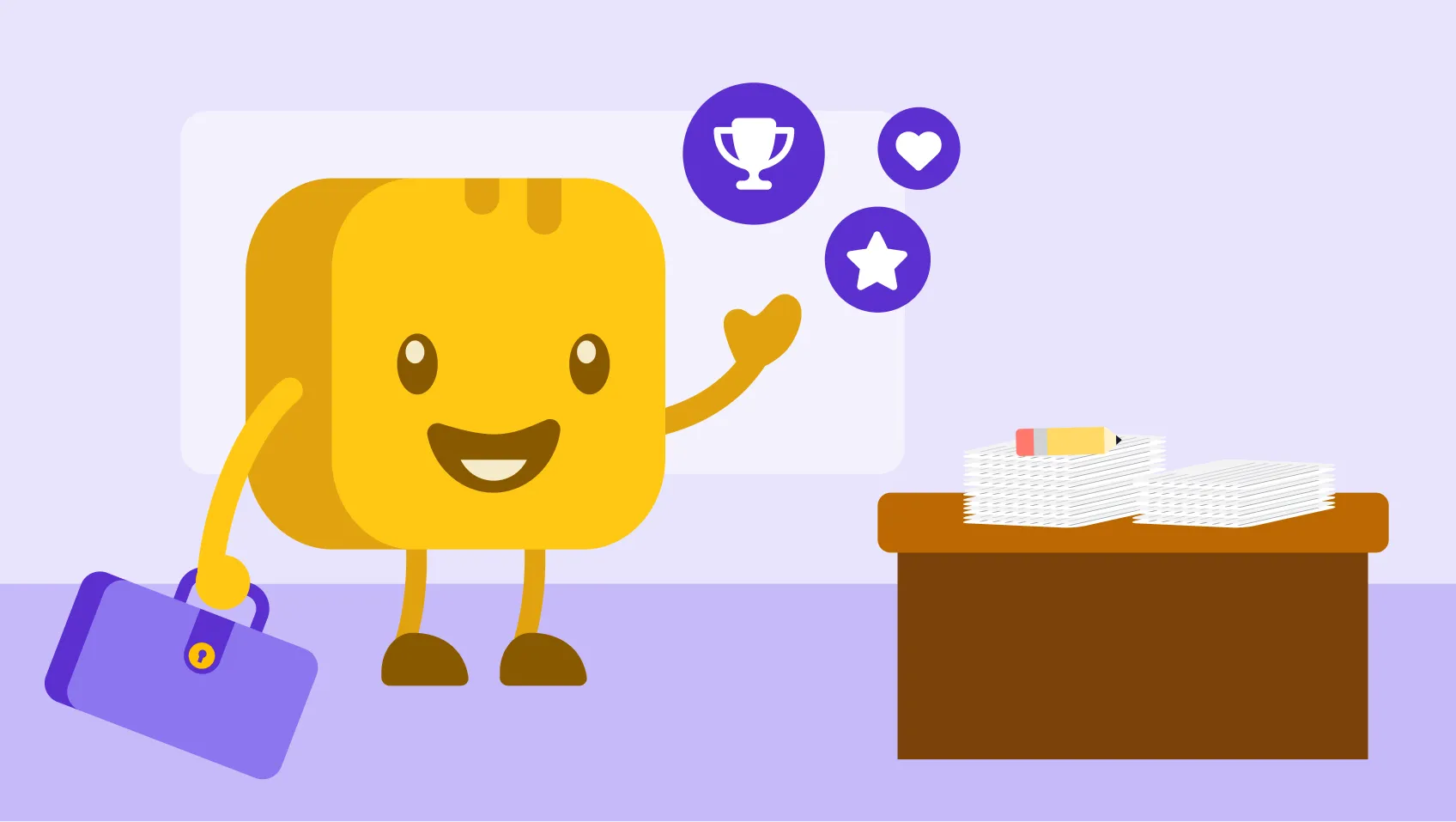 Butter character holding briefcase next to a desk