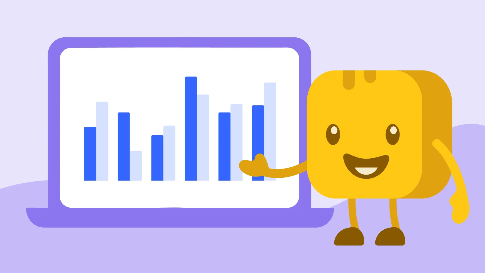 Butter character next to laptop with SEO graphs
