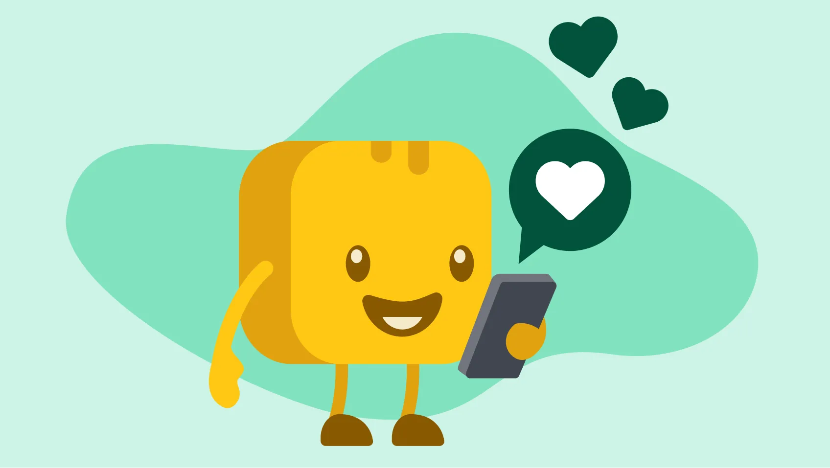 Butter character holding cell phone with heart icons