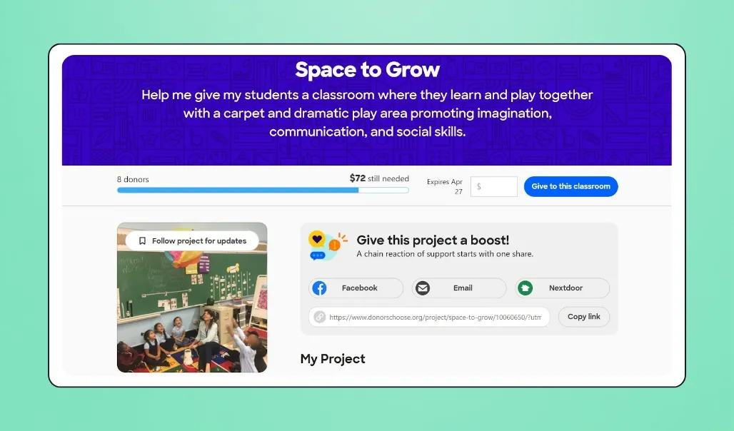 Screenshot of DonorsChoose's interface