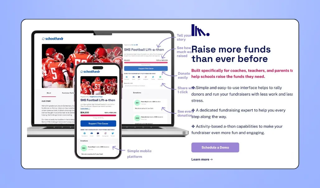 Screenshot of Schoolfundr's interface