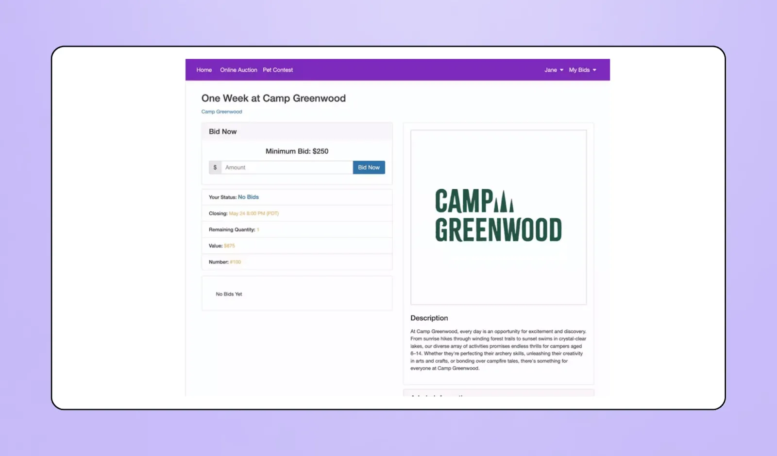 Screenshot of SchoolAuction.net's interface