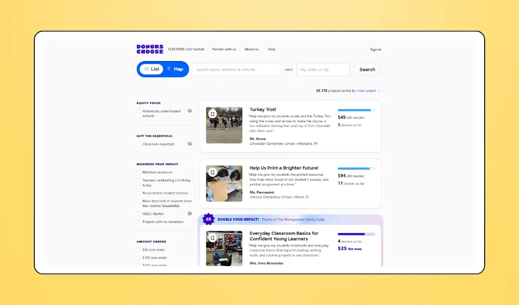 Screenshot of DonorsChoose's interface