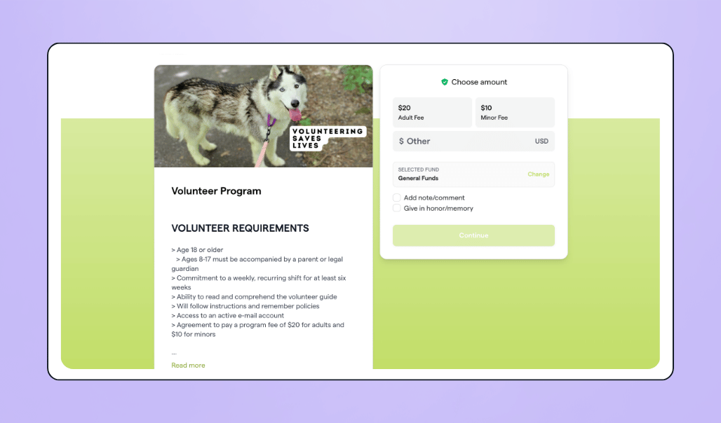 Humane Animal Treatment Society volunteer program signup on Givebutter