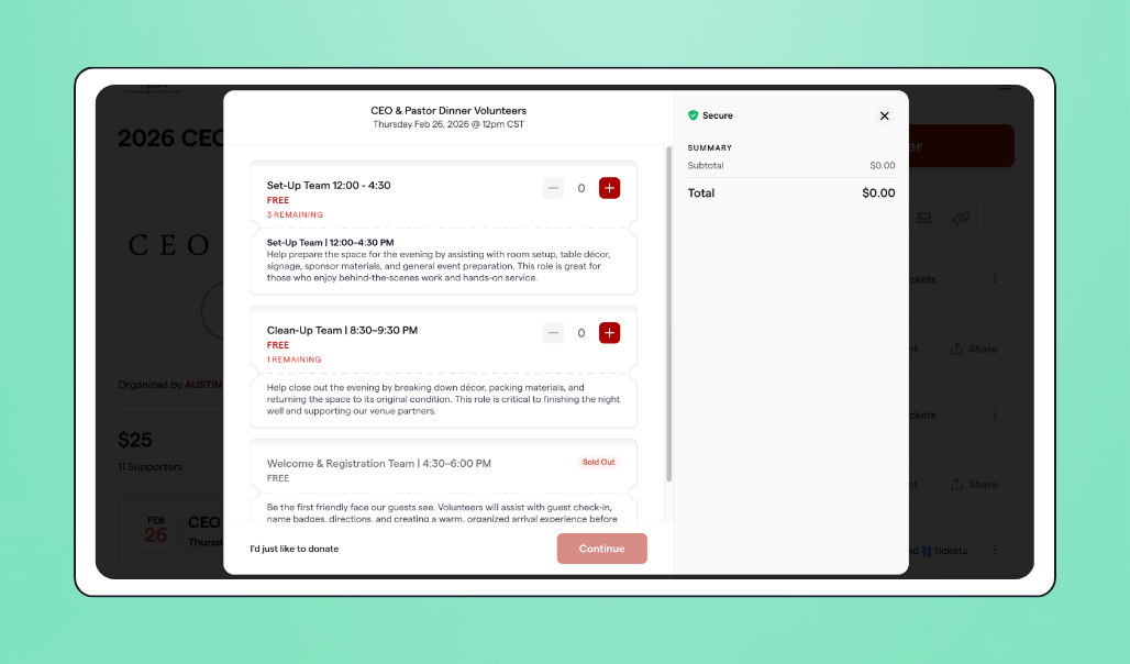 Austin Bridge Builders Alliance CEO and Pastor Dinner volunteer signup on Givebutter