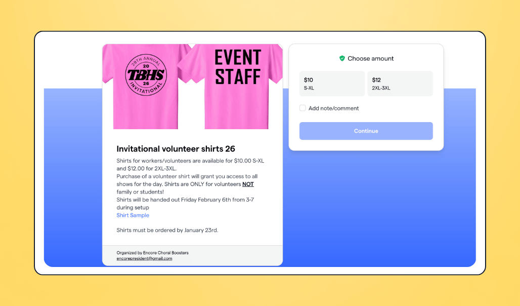 Encore Choral Boosters event volunteer signup page on Givebutter