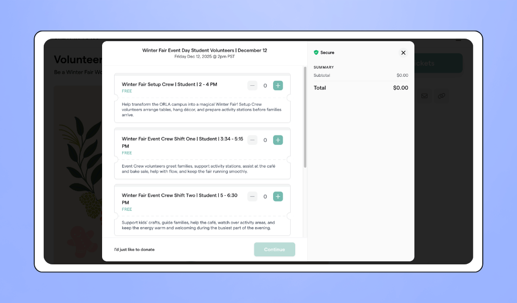 ORLA PTA Volunteer at Winter Fair signup page on Givebutter