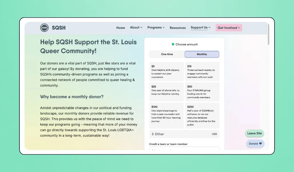 St. Louis Queer Plus Support Helpline recurring giving levels