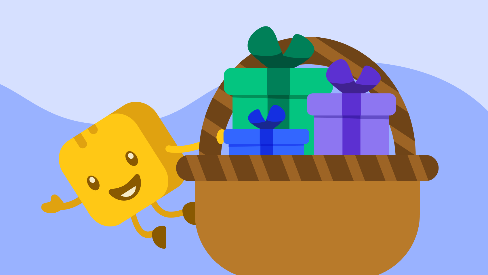 Mr butter with a colorful raffle baskets on a table