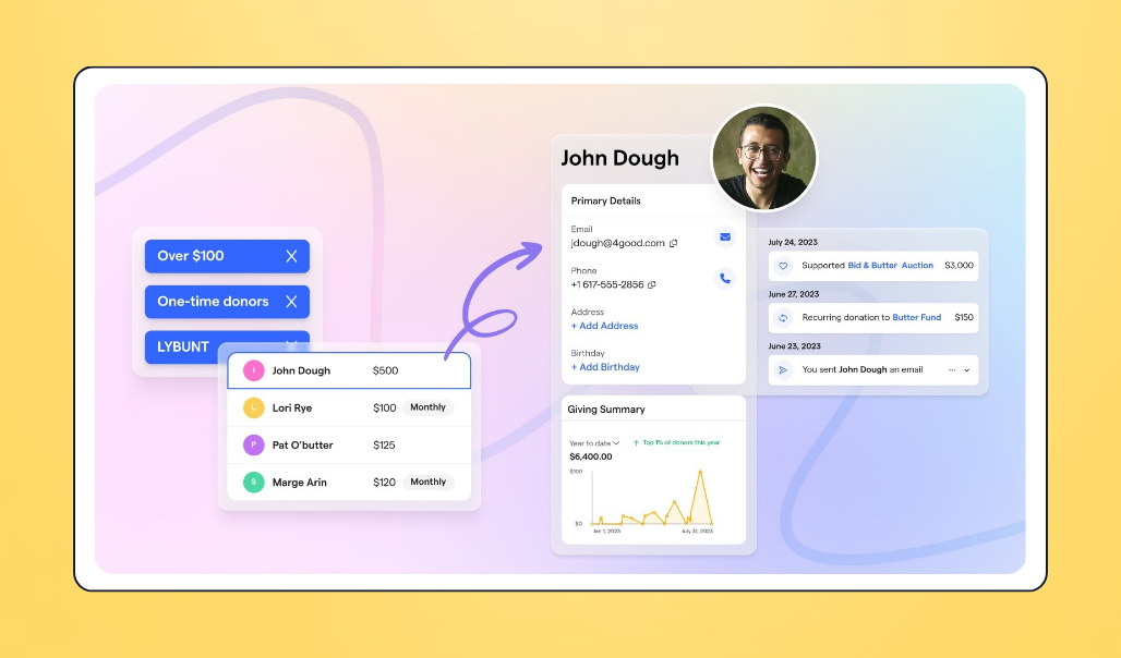 Screenshot of Givebutter's donor database interfae