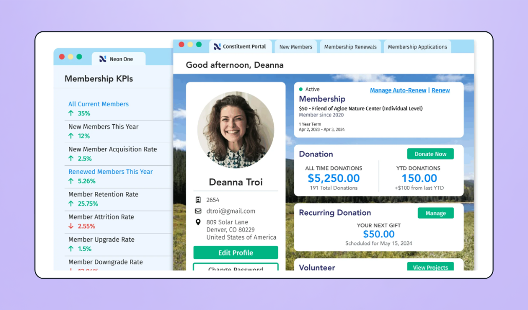 Screenshot of Neon CRM's donor database interface