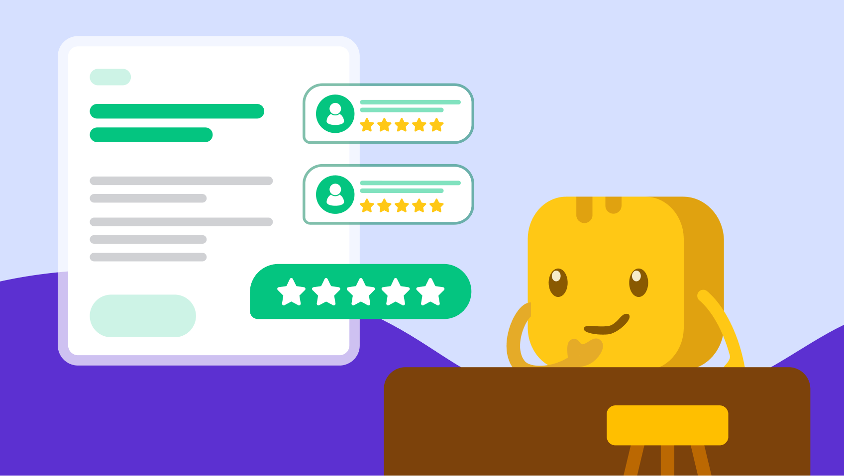 Mr Butter behind a desk scrolling through reviews
