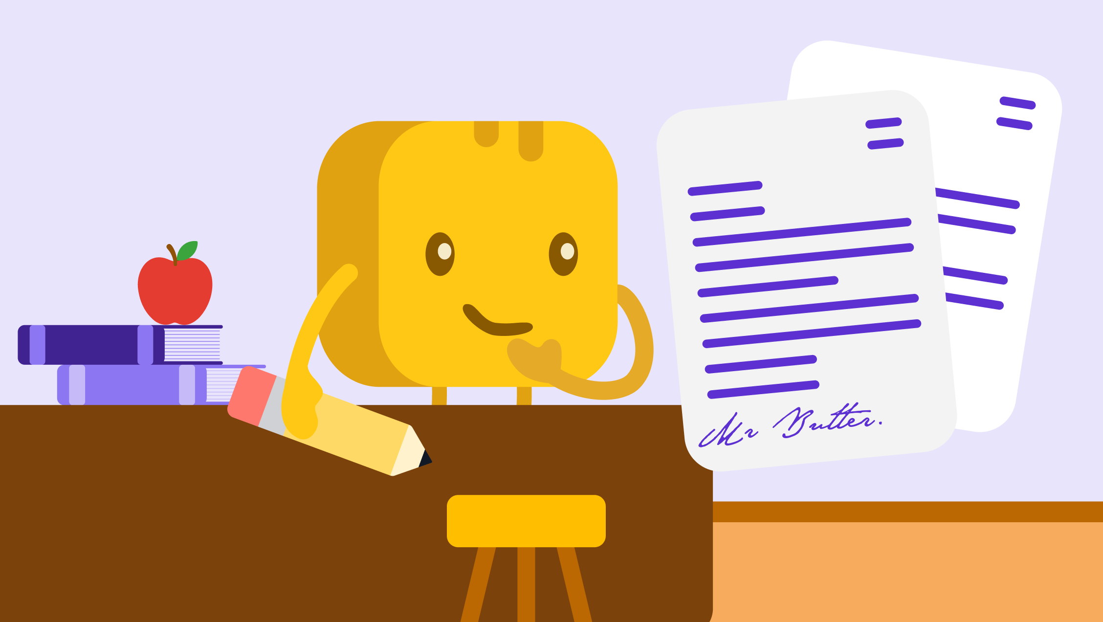 Mr.Butter at a school desk with a letter