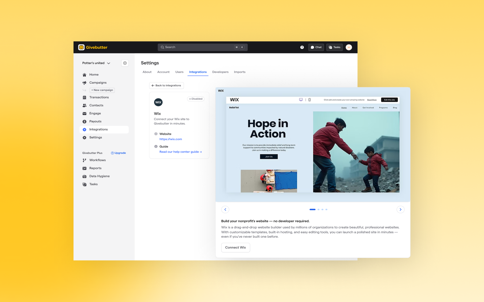 Wix integration from inside Givebutter dashboard