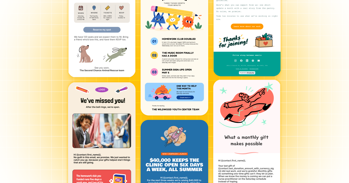 Collage of Givebutter's new nonprofit email templates 