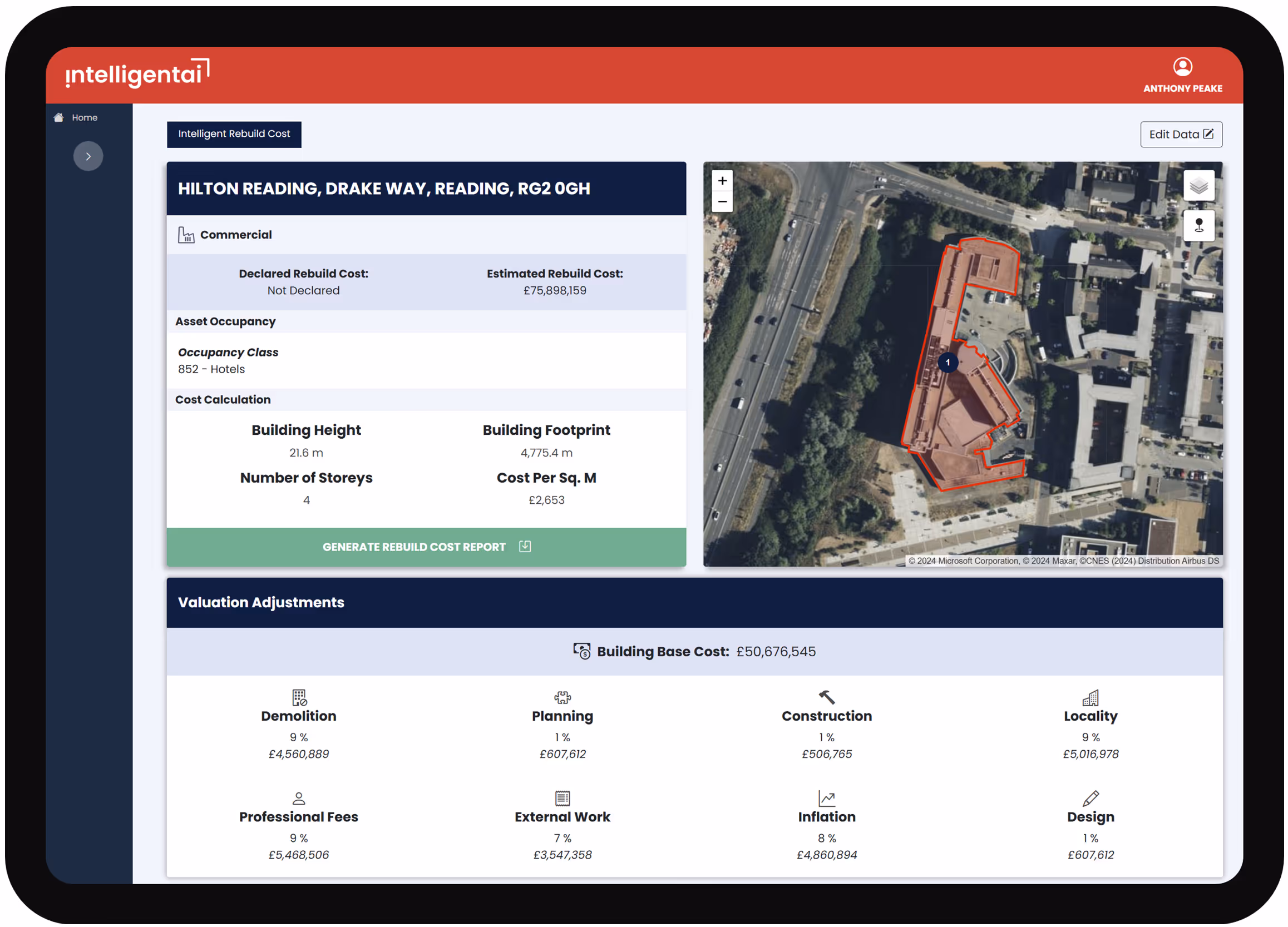 Intelligent AI's Rebuild Cost Platform as viewed on a tablet