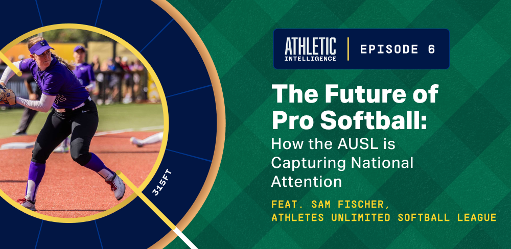 Pro softball star Sam Fischer framed in GameChanger podcast branding. Image text says Athletic Intelligence episode 6, The Future of Pro Softball: How the AUSL is capturing national attention, feat. Sam Fischer, Athletes United Softball League.