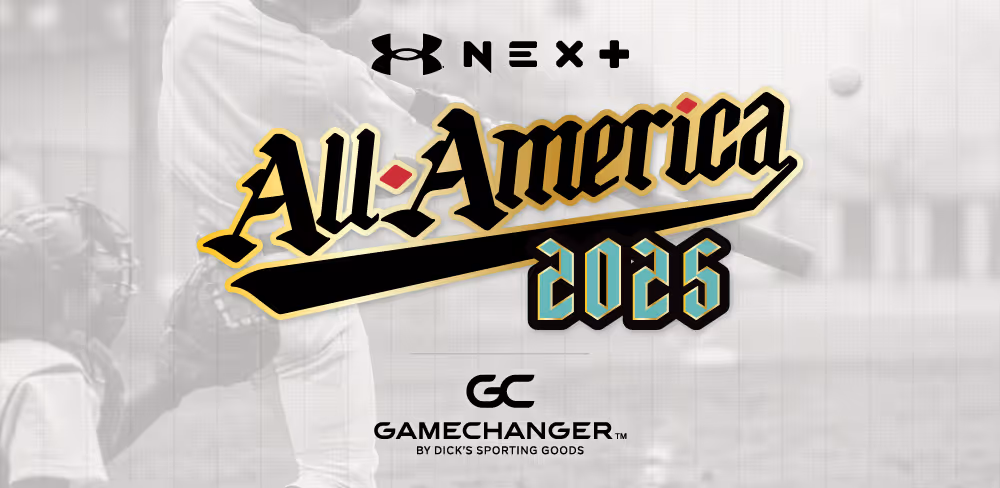 Under Armour Next All-America 2025 Logo and the GameChanger logo over a gray baseball background.