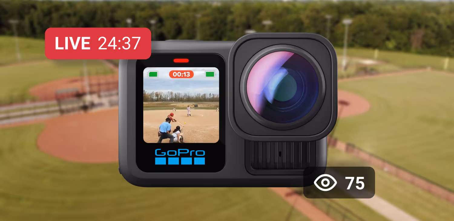 Image of a black GoPro camera laid over a baseball field background.