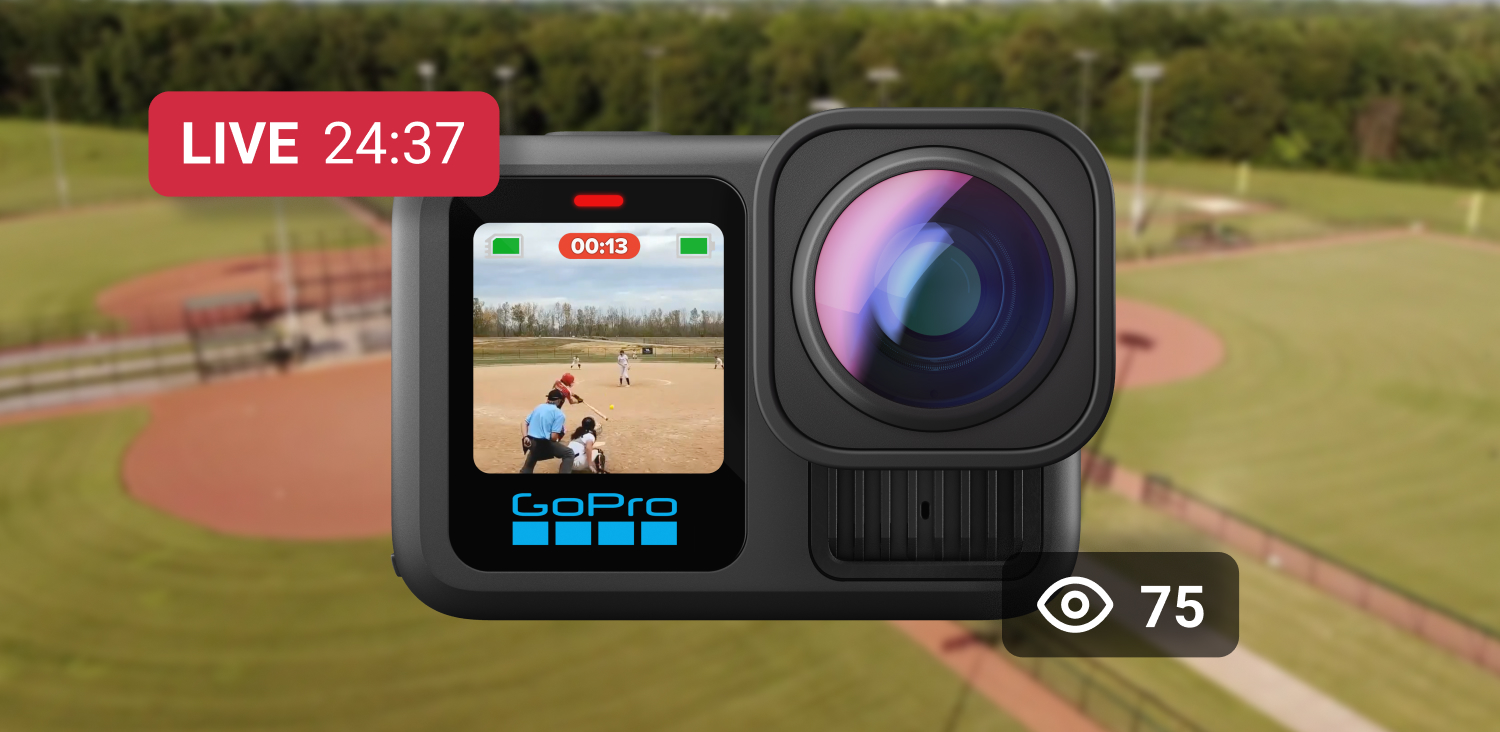 Image of a black GoPro camera laid over a baseball field background.