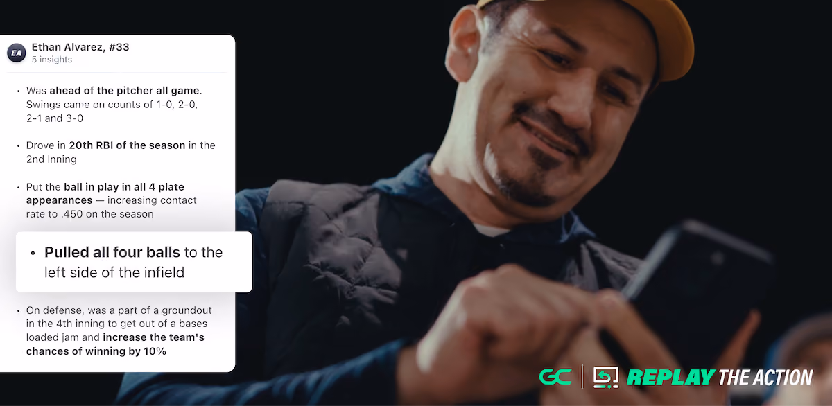 Man smiling and using smartphone, with baseball insights overlay and text 'Replay the Action' at bottom.