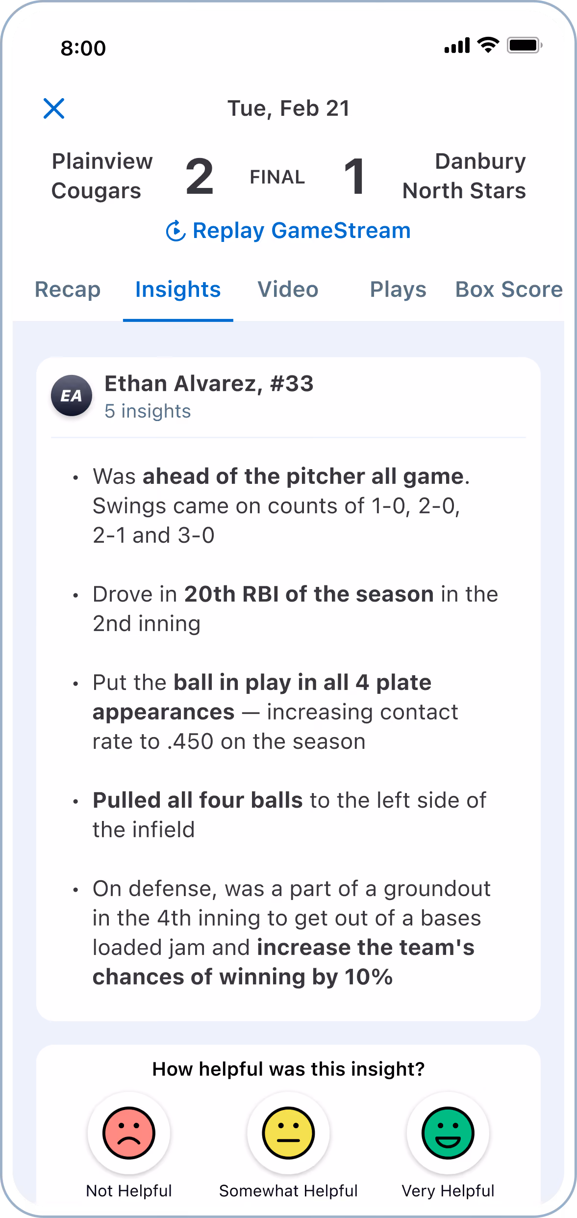 Baseball app showing Plainview Cougars 2, Danbury North Stars 1 final score with insights on player Ethan Alvarez.