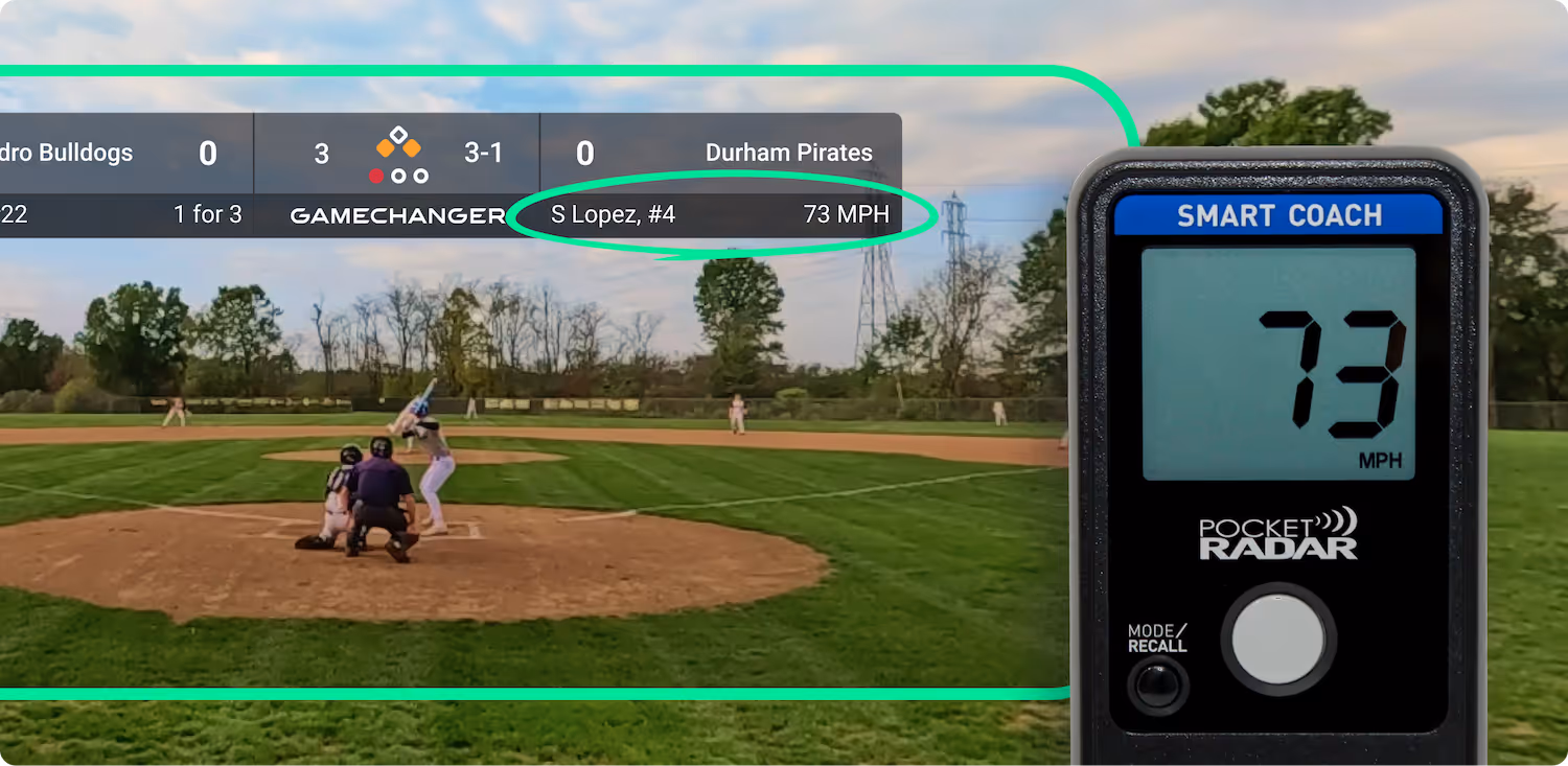 Baseball radar gun display showing a pitch speed of 73 MPH and a game scoreboard for S Lopez, #4.